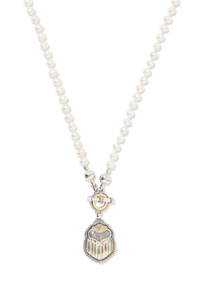 Beaded Scarab Necklace, 18k Gold with Sterling Silver, Pearl & Diamond